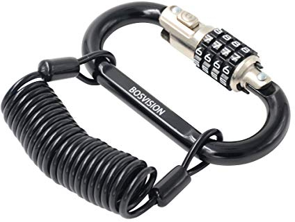 Bosvision Helmet Lock, Combination Carabiner/Karabiner Padlock, Hook Padlock, Helmet Padlock, D Ring Padlock with 150cm Coiled Steel Cable