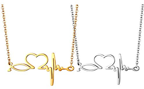 JewelryWe Schmuck 2pcs Damen Edelstahl Herzschlag Pulse Rhythmus EKG Herzfrequenz Herz Liebe Anhänger mit 50cm Kette, Krankenschwester Arzt Medizinische Stethoskop Halskette Geschenk für Frauen