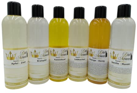 Dufte Momente | Weihnachtsduft 6 x 250ml Saunaduft Konzentrat - Apfel-Zimt, Bratapfel, Kaminfeuer, Lebkuchen, Orange-Honig, Vanille-Mandel | Premiumqualität auch für den Profi Anwender
