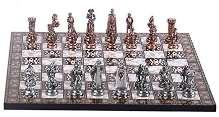 GiftHome Schach aus Kupfer für Erwachsene, mittelalterliche britische Armee, Antikoptik, handgefertigte Stücke und Mosaik-Design, Holz, Schachbrett King 2,75 Inkl.
