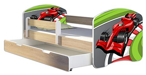 Kinderbett Jugendbett mit einer Schublade und Matratze Sonoma mit Rausfallschutz Lattenrost ACMA II 140x70 160x80 180x80 (06 Formel 1, 180x80 + Bettkasten)