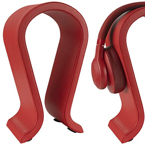GEEKRIA Vegan Leather Wooden Omega Headphone Stand for Over-Ear Headphones, Gaming Headset Stand, Desk Display Hanger Compatible with Sony, Bose, JBL (Red)