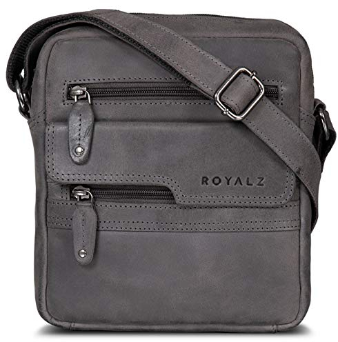 ROYALZ 'Oregon' Leder Umhängetasche Herren Klein Männer Ledertasche Vintage Herrenhandtasche Moderne Schultertasche Messenger Bag Echtleder, Farbe:Navy Grau