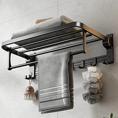 VOLPONE Portasciugamani da 61 cm con porta asciugamani pieghevole con ganci mobili, antiruggine, montaggio a parete per bagno, nero opaco