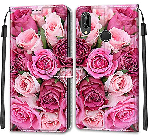 Compatible avec Huawei P20 Lite 5.84 Coque Étui, PU Leather Portefeuille Magnétique Téléphone Anti-Rayures Protection Housse pour Huawei P20 Lite(2018 Version) Pink Rose