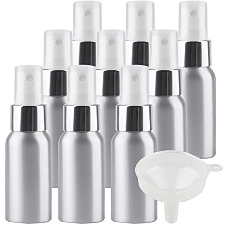TIANZD 12 Piezas Pequeño 50 ml botella de spray pulverizador Botella de Aluminio Plata con Bomba en Blanco/Plata Niebla Fina Atomizador para Perfume Viaje Artículos de Agua Cosmético con Embudo