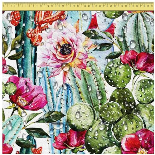 DreamRoots Segeltuch Wasserdicht - Polsterstoff Meterware 160 cm breit - Wasserabweisender Stoff 220 g/m2 600D - Markisenstoff Wasserdicht Meterware Flowers and Cactus Laufmeter