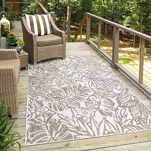 carpet city Teppich Outdoor Wetterfest - Beige - 140x200 cm - Floral - Balkon Teppich Wasserabweisend - In-& Outdoor Teppiche für Terrasse, Garten, Küche, Bad oder Wohnzimmer