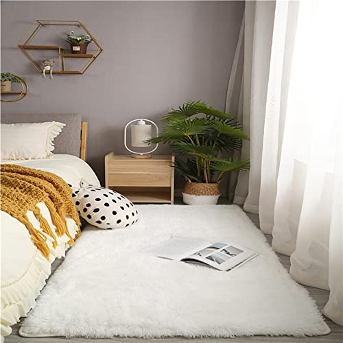 Enyhom Indoor Weich Shaggy Teppich 120 x 160 cm Großen Waschbar Hochflor Teppich Luxus Samt Shag Teppich rutschfeste Dicker Kunstfell Bodenteppich für Wohnzimmer Schlafzimmer Sofa, Weiß