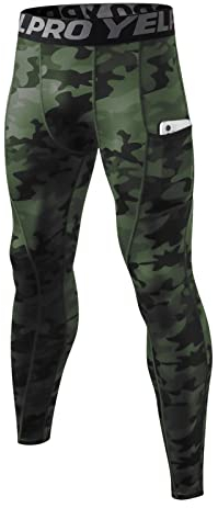 Ruowuhen Herren Kompressionshose mit Taschen, Männer Sport Leggings Laufhosen Schnelltrocknend Fitness Funktionsunterhose Tights Tarnfarben Grün L