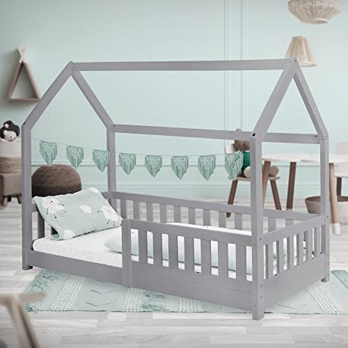 ML-Design Kinderbett 80x160 cm mit Rausfallschutz, Dach und Lattenrost, Hellgrau, Kinder Bett, Hausbett für Mädchen/Jungen, Bettenhaus massives Kiefernholz, Spielbett Bodenbett Jugendbett Kinderhaus