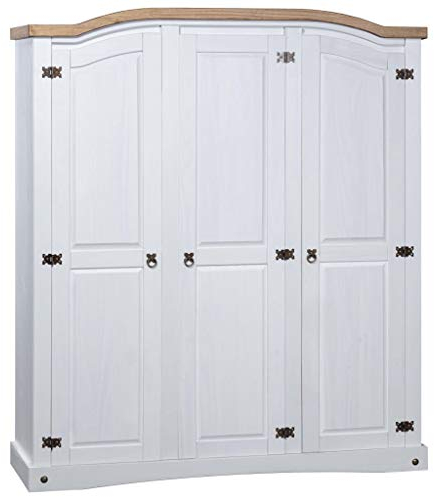 Tidyard Kleiderschrank Mexiko-Stil Kiefer Garderobenschrank Schlafzimmerschrank Dielenschrank Corona 3 Türen Weiß 151,6 x 52 x 170 cm