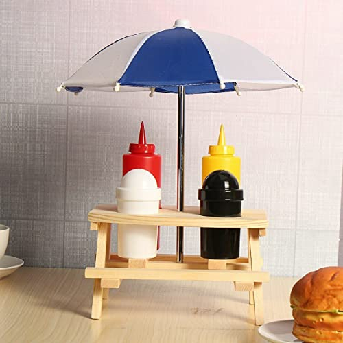 HoitoDeals Set of 6 Wooden Ketchup Holder Cruet Salt Pepper Set With Parasol BBQ Sauce Bottle Holder