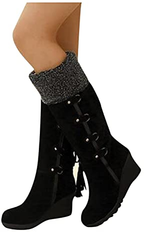 Stivali Donna Invernali Elasticizzati Sexy Curvy Western Boots Vintage Larghi Camoscio Stivali Alti Stivali Cowboy Morbidi Caldo Pelle Anfibi Stivaletti Sopra il Ginocchio con Tacco