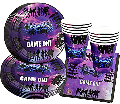 SUNSK Vajilla de Fiesta Game Party Supplies Vajilla Fiesta Papel Juego de Vajilla de Cumpleaños Suministros de Fiesta Temáticos para Fortnite para Fiestas de Videojuegos 52 Piezas