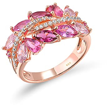 Santuzza Bague pour femme en argent sterling avec vigne torsadée, plaqué or rose, saphir rose, diamant simulé, bague de fiançailles pour femme, Pierre précieuse en argent sterling, Zircone cubique