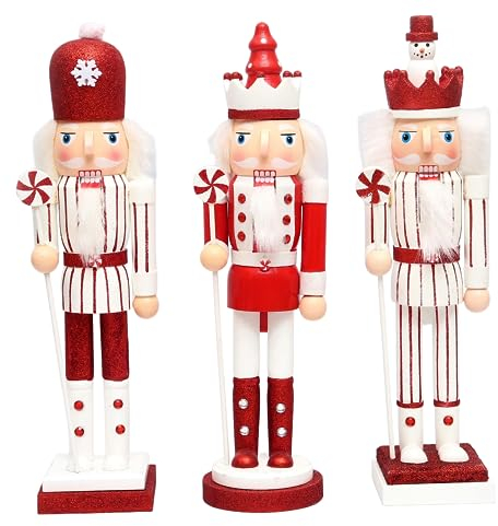 SHATCHI 38cm Red/White Candy Cane Wooden Christmas Nutcrackers - 3pcs Set - Soldiers King Puppet Figurines Home Decoration Ornament
