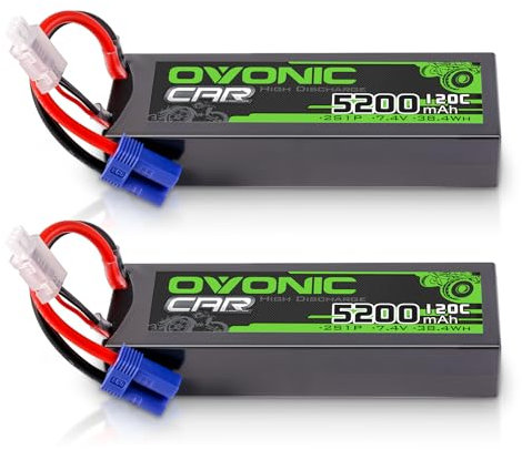 OVONIC Batterie Lipo 2s 7,4 V 5200 mAh 120 C avec Prise EC5 Plug Lipo pour Voiture RC Camion Truggy Quadcopter hélicoptère Camion Bateau Avion (2 pièces)