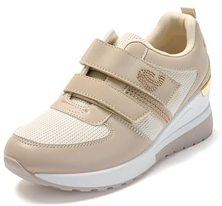 JOMIX Zapatillas Mujer con Cuña Deportivas Mujer Plataforma Zapatillas Deportivas Mujer sin Cordones Zapatillas Mujer Casual Caminata Jogging Fitness, Beige, 37 EU