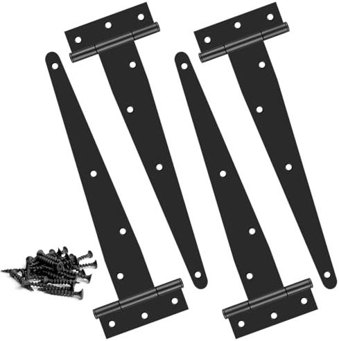 KOLAKO T Hinges, 10 Inch/250mm Gate Hinges for Wood 4 Pack Heavy Duty Shed Door Hinge Outdoor Black Tee Hinge for Garden, Shed, Window, Barn Door