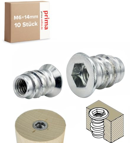 Einschraubmutter M6 x 14 mm – Einschraubmuffen/Eindrehmuffen aus verzinktem Stahl – Innengewinde für Holzbau & Möbelbau (10 Stück)