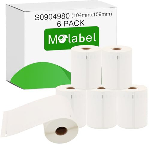 Molabel - 6 Rollen S0904980 Selbstklebende Etiketten, Größe 104mm x 159mm, kompatibel mit DYMO, 220 Versandetiketten pro Rolle (Extragroß), geeignet für LabelWriter und 4XL.