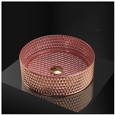 CLRAWSHB Bathroom Vessel Sink Pink,14 Artistic Glass Bathroom Bowl Basin,Above Counter Round Bathroom Sink Bowl Combo,A (A)