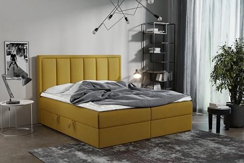 KIER FURNITURE - Polsterbett mit Bettkasten - Bett mit Matratze - Doppelbett - für Schlafzimmer, Jugendzimmer - 2 Separate Bettkästen, hoher Kopfteil - Polsterbett Gelb - 160x216x103 cm