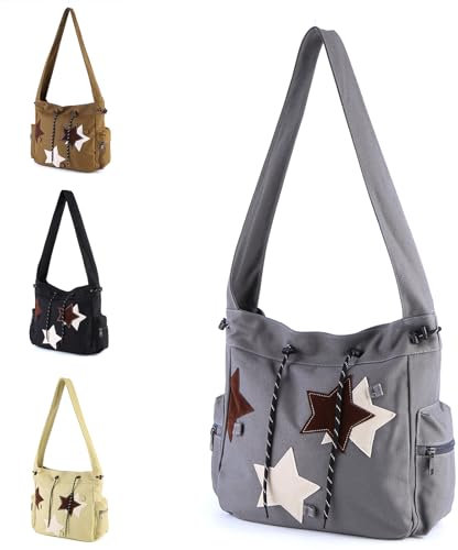 AZURAOKEY Y2K Star Messenger Bag Aesthetic Canvas Crossbody Bag, Cute Tote Bags Kawaii Zipper Shouder Bag for Women, Grau