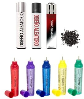 DISAPU Esencial: Set de 3 Mecheros Clipper Coleccionables con Diseños Aleatorios, Recargables y Refillables + 5 Recargas de Gas Atomic (18ml) + 9 Piedras de Mechero de Regalo