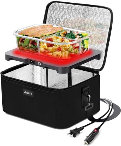 Aotto Lunch Box Chauffante Portable, 12V/24V/220V 3 en 1 Chauffe Plat Voiture, Boite Chauffante Repas, Réchauffement et Garde les Aliments au Chaud en Voiture/Camion/Voyage - Noir