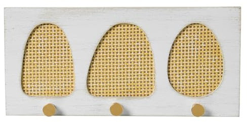 DRW Porte-manteau mural en bois et osier avec 3 crochets Blanc et naturel 36 x 4 x 17 cm