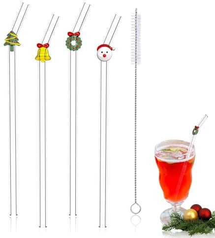Heloner 4 Pcs Reusable Glass Straws with cleaner brush, Cute Glass Straw Shatter Resistant, Bent Glass Straw with Christmas Design for for Juices, Smoothies, Milkshakes, Teas