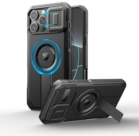 Dexnor for iPhone 16 Pro Max Case with Slide Camera Cover & Adjustable Kickstand, Magnetic Rugged Shockproof Bumper Cases Heavy-duty Mangetic Protective Cover - Black