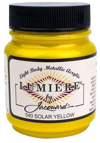 Jacquard Lumiere 2.25oz Fabric Paint Solar Yellow - Metallic Paint for Fabric Paper Wood Ceramic and Metal - Light-bodied Metallic Acrylic Paint - Lightfast & Vibrant Metallic Acrylic Paints