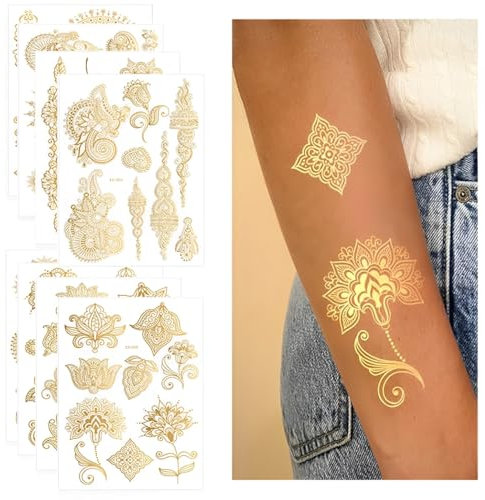 8 Blatt Gold Flash Tattoos, Gold Temporäre Tattoos Aufkleben Damen, Festival Tattoos zum Aufkleben, Frauen Festival Accessoires Party Zubehör, Wasserdicht Flash Tattoo, für Mädchen Frauen.