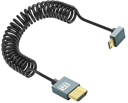 JSADZKJ 90 Degree Mini HDMI to HDMI Coiled Cable 8K Ultra Thin HDMI Male to Mini HDMI Male 2.1 Cord Up Angle Mini HDMI to HDMI Spiral Cable Compatible with Camera,DSLR,HDTV,Laptop,Monitor 3ft
