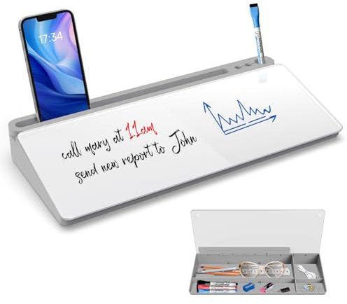 Sliandtelly Schreibtisch-Whiteboard aus Glas mit Stauraum, Trockenwisch-Memoboard inkl. 3 Markern – Organizer ersetzt Haftnotizen für Homeoffice & Büro