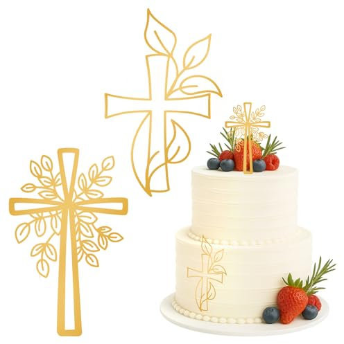 2 Stück Tortendeko Taufe Kommunion Gold Kreuz Cake Topper für Mädchen Junge Acryl Torte Deko mit Blätter Design Schillernder Spiegeleffekt Kuchenaufstecker für Taufe Hochzeit Party Dekoration