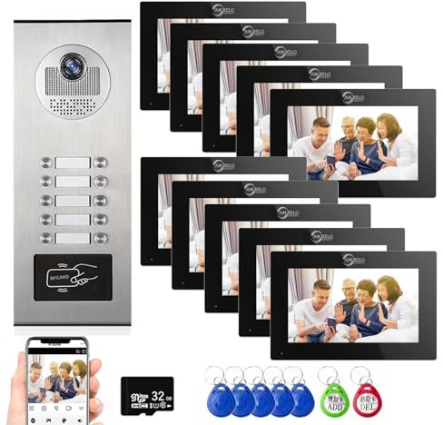 Wired Video Apartment Intercom System,1080P Video Doorbell,6 Units 7 inch Touch Monitor Video Door Phone Indoor Outdoor Kit,Motion Detect, 2 Way Audio, 6-Screen for Home Tuya (1 Doorbell+ 10 Monitor)