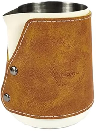 Uxsjakjsd Milk Frothing Jug with Leather Cover Vintage Style Coffee Art Pitcher for Latte & Cappuccino A