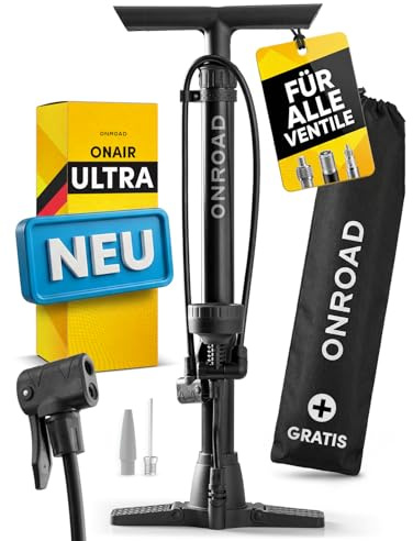 Fahrradpumpe alle Ventile (Presta/SV, AV, DV) – Luftpumpe Fahrrad ON‑AIR mit großem Manometer, Adaptern & Ballnadel, Leistungsstarke & hochwertige Standpumpe – Pumpe für Unterwegs & Zuhause
