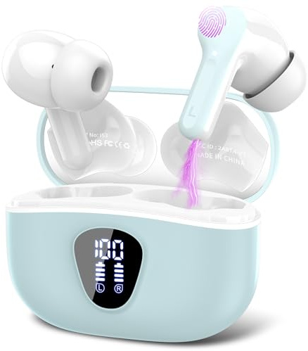 Wireless Earbuds, Bluetooth 5.4 Headphones HiFi Stereo, Bluetooth Earbuds with 4 ENC Noise Cancelling Mic, 48H Playtime Ear buds with Fast Charging LED Display, IP7 Waterproof In Ear Earphones, Cyan
