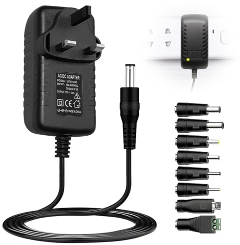Universal UK 12V 3A Power Supply Adapter, 36W with 8 Replaceable Tips | 5.5x2.1mm AC to DC Charger Multi Plug Adapter for LED Strip Lights, Router, CCTV Camera, Baby Monitor Speakers DVD MP3/MP4