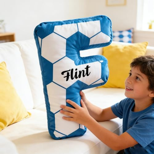 Personalisierte Fußball Geschenke, Fussball Buchstabe Kissen mit Namen, Fußball Kuschelkissen Plüschkissen für Kinder, Initialen Alphabet Kissen A-Z, Kuscheltier Dekokissen für Jungen Mädchen