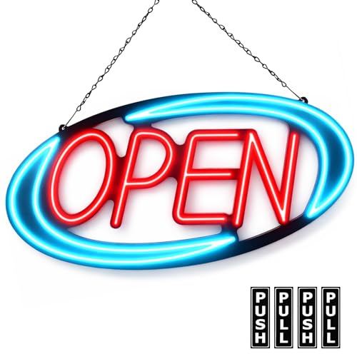 Kanayu Lot de 3 panneaux néon LED ouverts et autocollants Push Pull 81,3 x 40,6 cm Affichage publicitaire électronique ouvert 12,7 x 5,1 cm Autocollant vertical en vinyle pour magasin bar