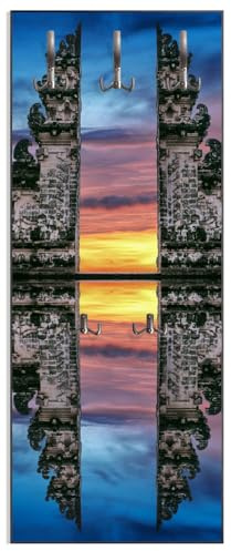 Wallario Wandgarderobe aus Holz in Größe 50 x 125 cm in Premium-Qualität, Motiv: Tempeltor im Sonnenuntergang | 5 Kleiderhaken zum Aufhängen