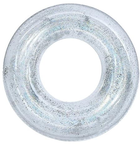WIKIMO Schwimmring mit Glitzer und 2 Griffen, Ø 90 cm Großer Schwimmreifen Aufblasbar, Transparenter Badereifen für Erwachsene, Glitzerndes Pool Wasserspielzeug für Strand, Schwimmbad & Urlaub -Silber