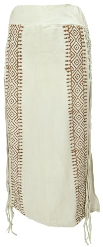 GURU SHOP Langer Boho Fransenrock, Sommerrock, Lagenrock, Maxi | Slim Fit, elastischer Bund, handgefertigter Druck, seitlich verflochten, fransige Bänder