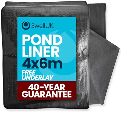 Swell UK 4 x 6m Pond Liner and Free Underlay | Ideal for Koi & Fish Pools Fountains and Streams | Flexible & Impermeable for Reinforced Durable Landscaping | Heavy Duty HDPE - 40 Year Guarantee